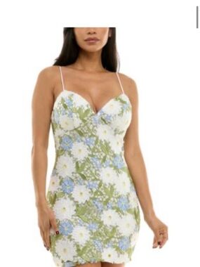 Floral Spaghetti-Strap Mini Dress in White, Green and Light Blue